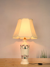 Load image into Gallery viewer, Multicolored Floral Inlay Marble Jar Table Lamp With 16inch Off White Scalloped Borders Fabric Shade