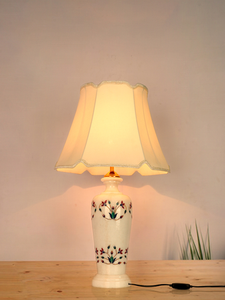 Multicolored Floral Inlay Marble Jar Table Lamp With 16inch Off White Scalloped Borders Fabric Shade