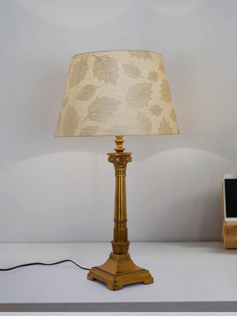 Antique Gold Finish Roman Corinthian 26 Inch Single Aluminium Column Table Lamp Light With 14 Inch Gold leaf pattern Tapered Fabric Shade