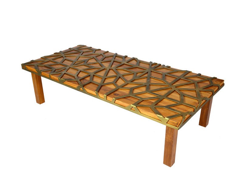 Center table Teak wood with antique bronze finish metal work