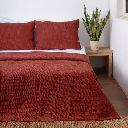 Terracotta kantha bedspread, frame pattern hand quilting on 4 layer muslin gauze with cotton wadding, Sizes available