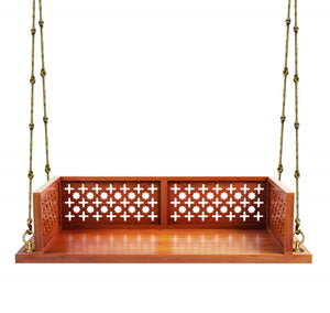Solid Wood Handcrafted Indian Traditional Swing/Jhoola with Carved Back and Armrest & Finished with Cherry Brown PU and Antiques Brass Links