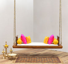 Load image into Gallery viewer, Solid wood handcrafted Indian traditional swing/jhoola with armrest finished in golden brown PU and antique brass links front view