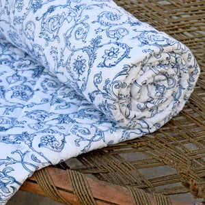 Quilted bedspread, blue swirl print, cotton quilt, Victorian print cotton voile quilt