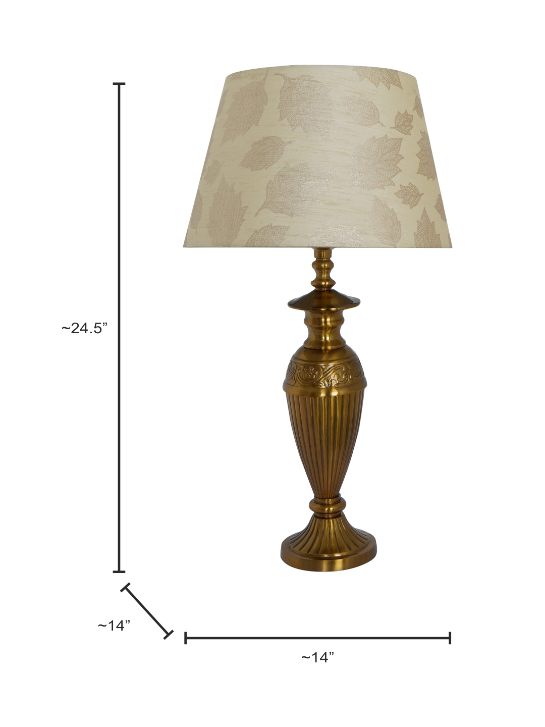 Gold Vintage Aluminium Single Table Lamp Light With 14 Inch Gold leaf pattern Tapered Fabric Shade dimesnions