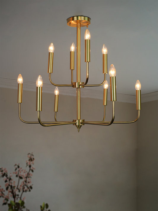 Modern Brushed Brass Finish 6+4 Dual-Level Lights Gold Candelabra Tiered Chandelier