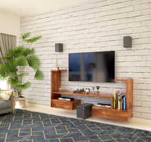 Load image into Gallery viewer, Handcrafted solid mango wood in honey finish wall mounted TV console