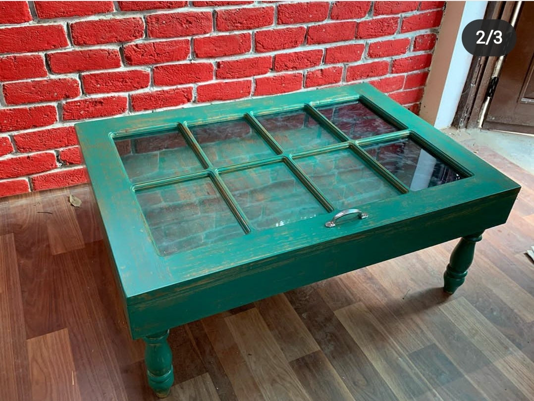 Solid wood coffee table made with reclaimed window pane 