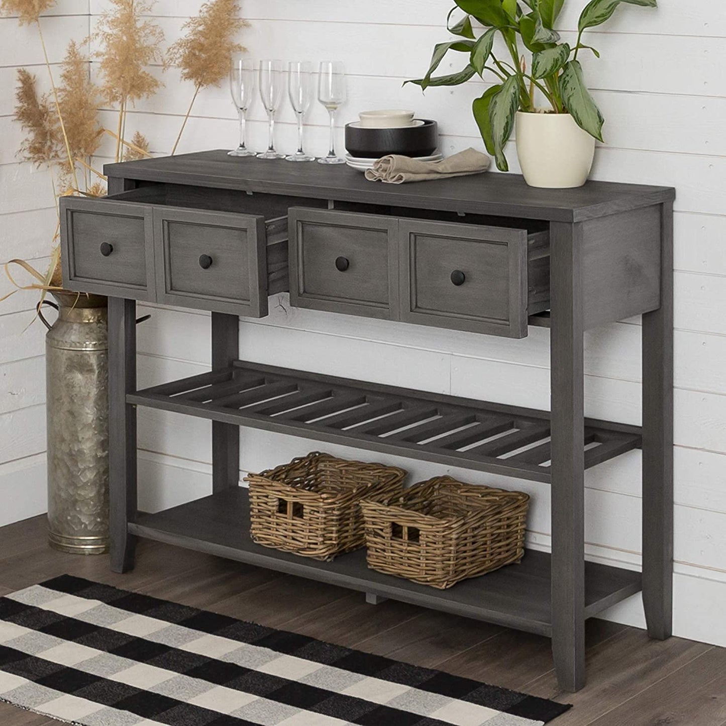 The kashth Wood Buffet Sideboard Entryway Serving Storage Cabinet Doors Dining Room Console, 48 Inch, Grey