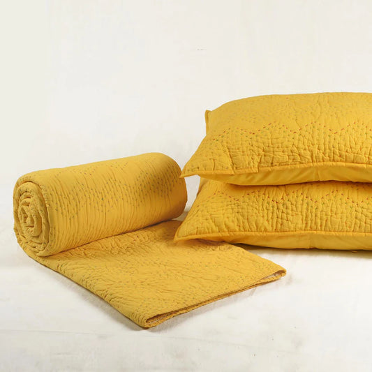 Yellow cotton chevron kantha quilt set – Quilt with coordinated pillow covers, sizes available