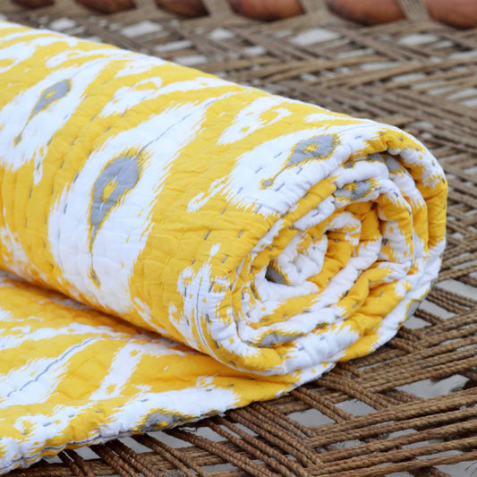 Quilted bedspread, ikat print yellow colour cotton quilt, Sizes available