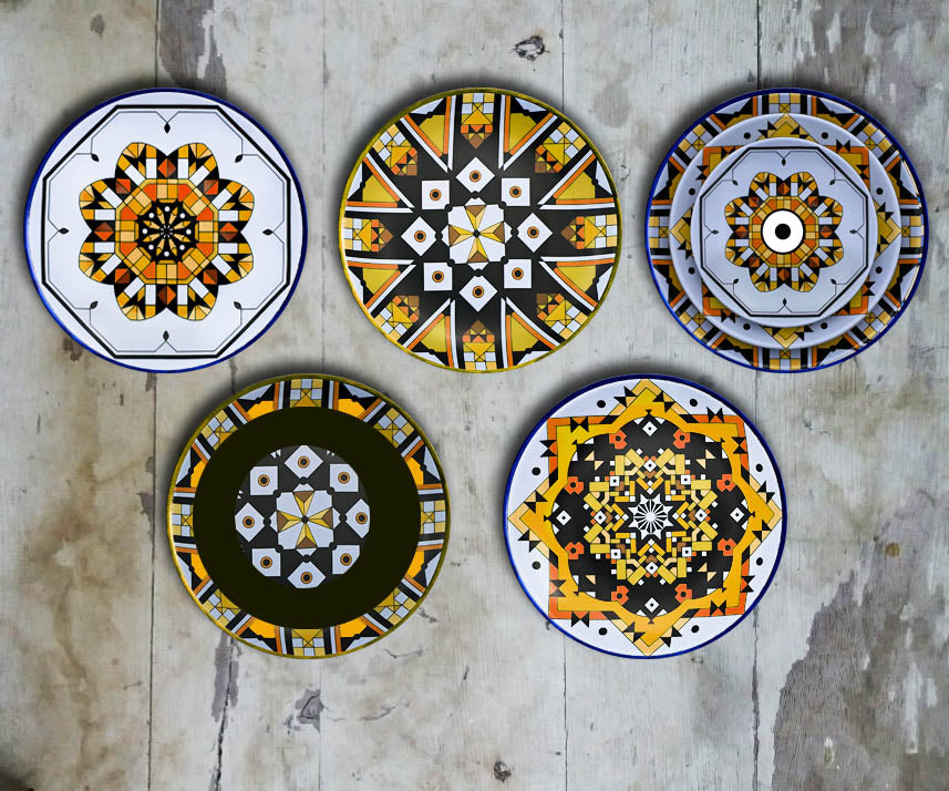 Hand Painted Set of 5 'Yellow Kalaidescope' Wall Plates