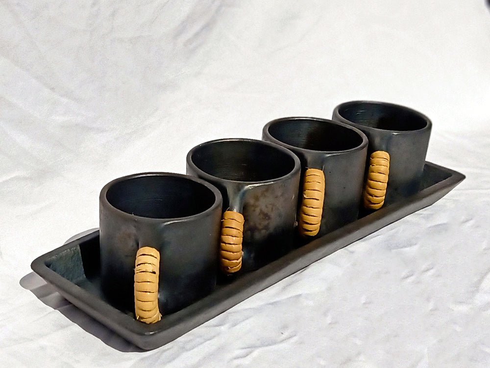 Longpi Black Pottery Coffee-Mugs & Tray Set