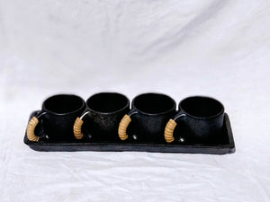 Longpi Black Pottery Coffee-Mugs & Tray Set
