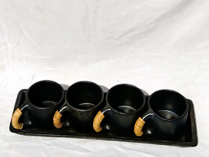 Longpi Black Pottery Coffee-Mugs & Tray Set