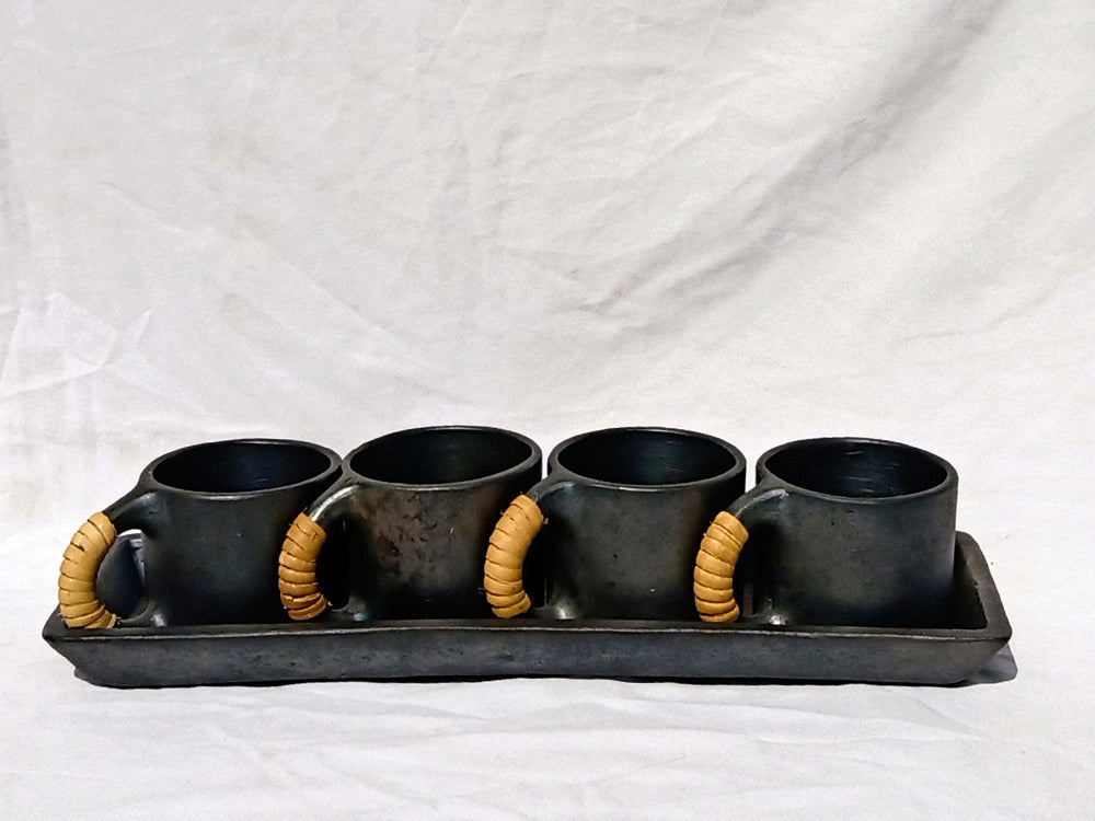 Longpi Black Pottery Coffee-Mugs & Tray Set