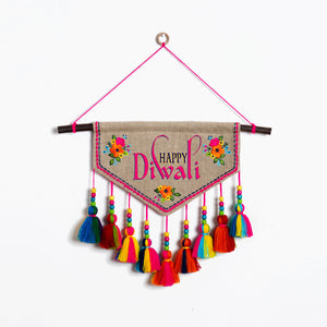Set of 2 - 1.Custom Made Diwali tassel and 1. Happy diwali Wall art – embroidered triangular linen wall art with multicolour tassels