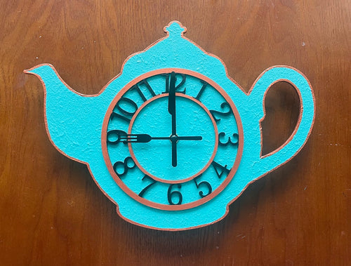TeaPot Kitchen Wall Clock with Folk and Knife hands-Blue