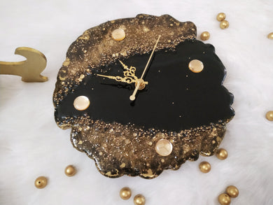 Black And Gold Abstract Resin Art Table Clock