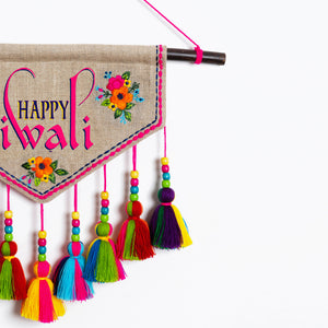 Set of 2 - 1.Custom Made Diwali tassel and 1. Happy diwali Wall art – embroidered triangular linen wall art with multicolour tassels