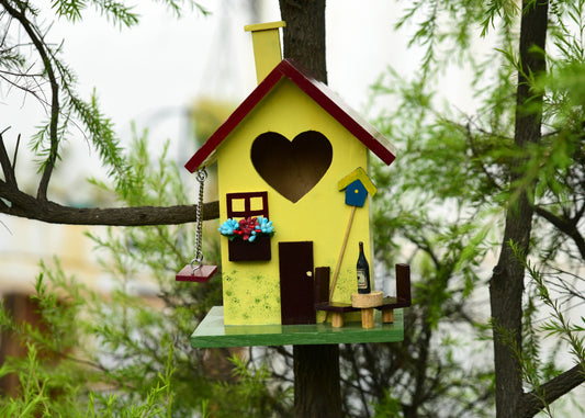 Beautifully Designed Yellow Birdhouse with swing