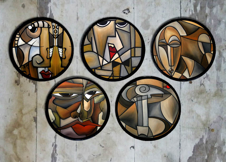 Hand painted set of 5 'Cubist' Wall Plates