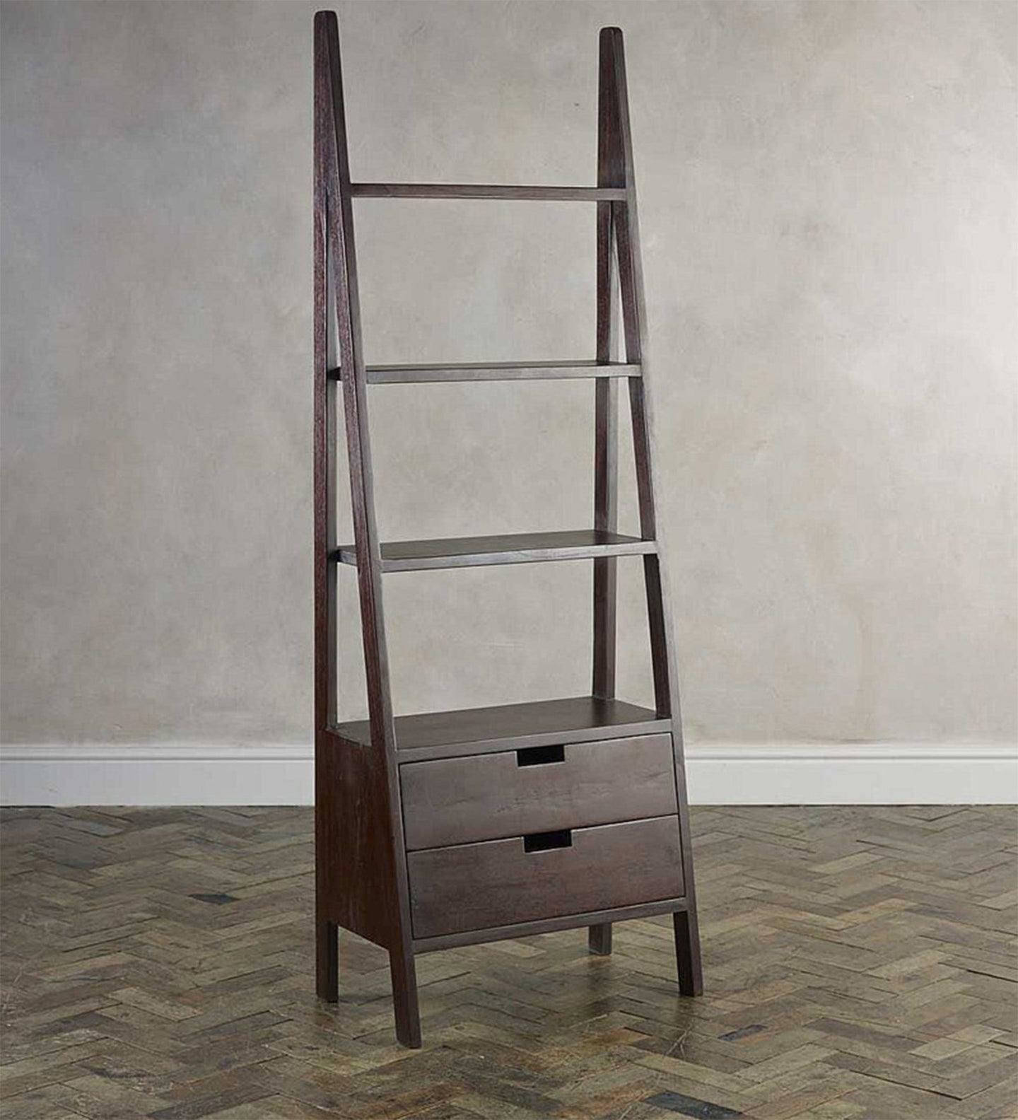 Ladder Design Bookcase With 2 Drawer Espresso Walnut Finish