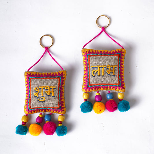 Pair of Shubh Labh tassels - Multicolor