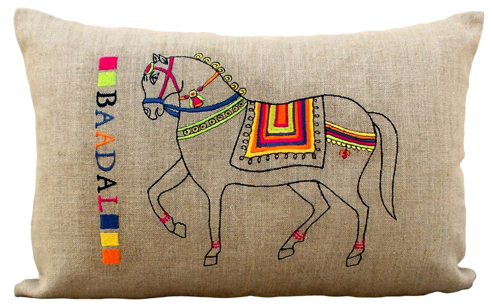 Linen pillow cover, embroidered horse